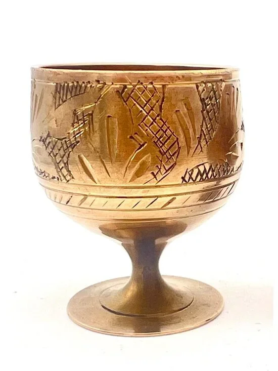 Set Of 2 Vintage Mini Brass Goblets Etched Floral Design Ornate Chalice 2" Tall - Picture 2 of 6